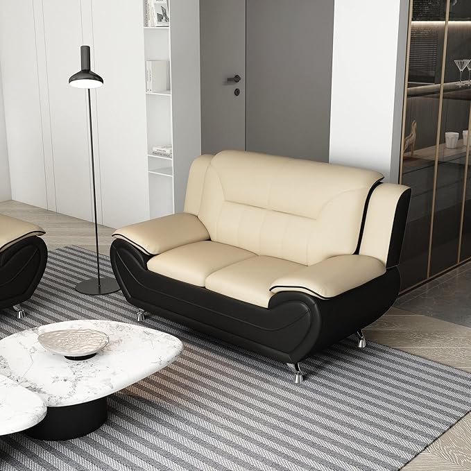 Container Furniture Direct Michael Modern Faux Leather Upholstered Stainless Steel Legs Living Room Sofa, Loveseat, Camel/Black
