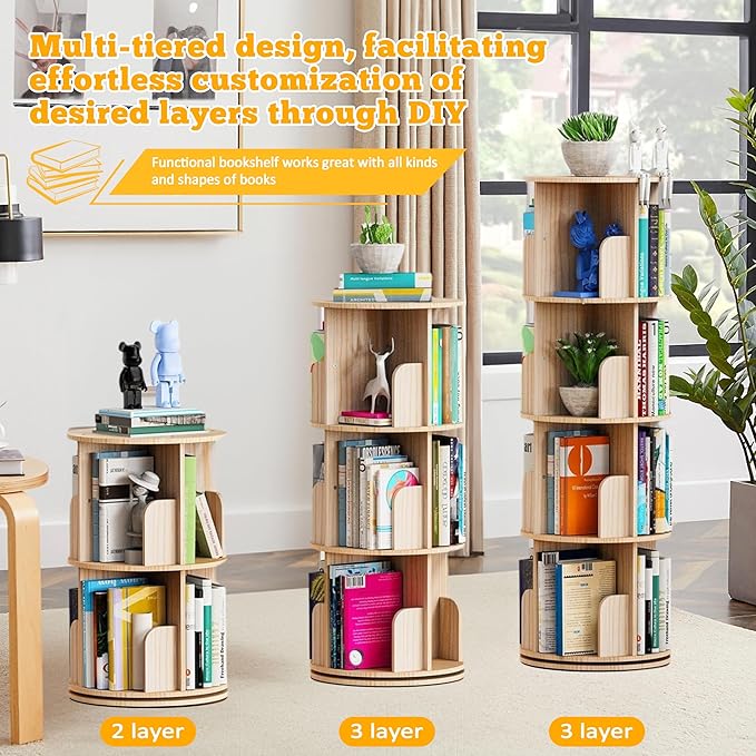 Rotating Bookshelf Kids, 360 Display 4 Tier Spinning Bookshelf Tower Stackable Solid Wood Book Shelf Rotating, Revolving Bookcase Floor Standing Bookcase Storage Display Rack for Kids&Adults, Pine