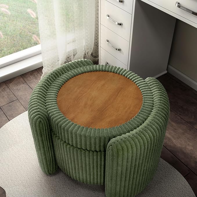 Furniture of America Lennox Modern Chenille 25-inch Round Storage Ottoman with Reversible Flip Top, Upholstered Footstool for Living Room, Bedroom, Entryway, Green