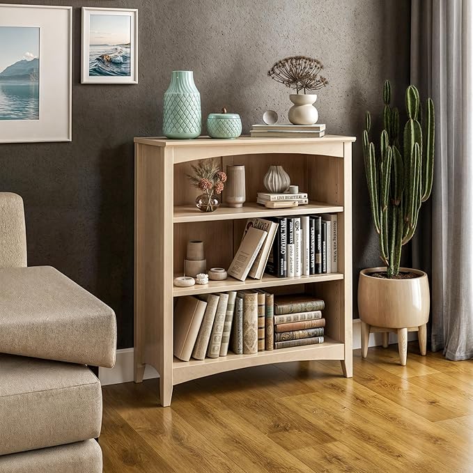Camaflexi Shaker Style 3 Shelf Bookcase/Solid Wood / 36" High/Adjustable Shelving/Closed Back/Display Bookshelf for Living Room, Bedroom, Home and Office, Light Oak