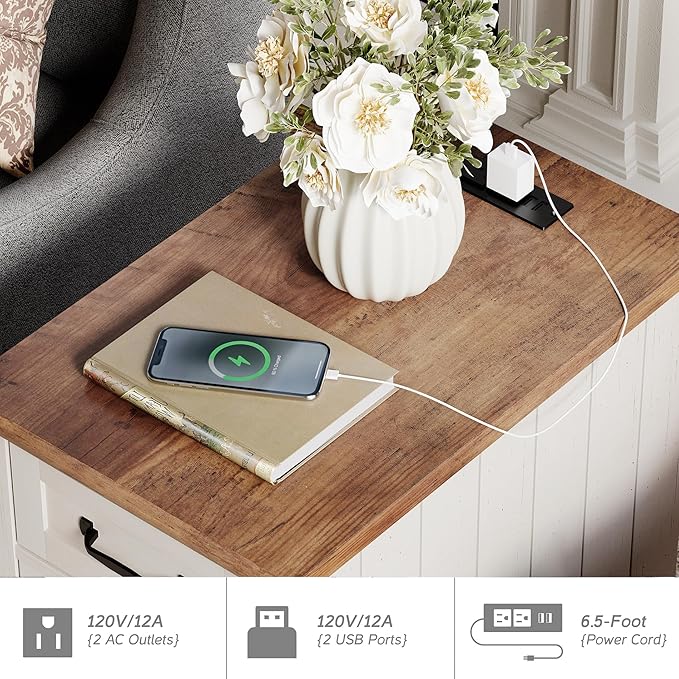 WAMPAT End Table with Charging Station, White Side Table with Storage Cabinet and Drawer, Wood Nightstand with Power Outlets & USB Ports for Bedroom, Living Room