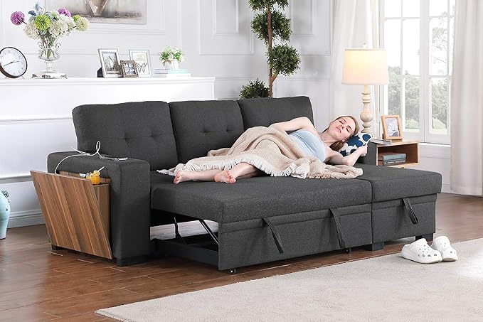 Devion Furniture Garisa 4-in-1 Convertible L Shaped Couch with Pull Out Bed and Storage, Sectional Sleeper Sofa with Reversible Chaise for Living Room, Apartment, Bedroom, Office