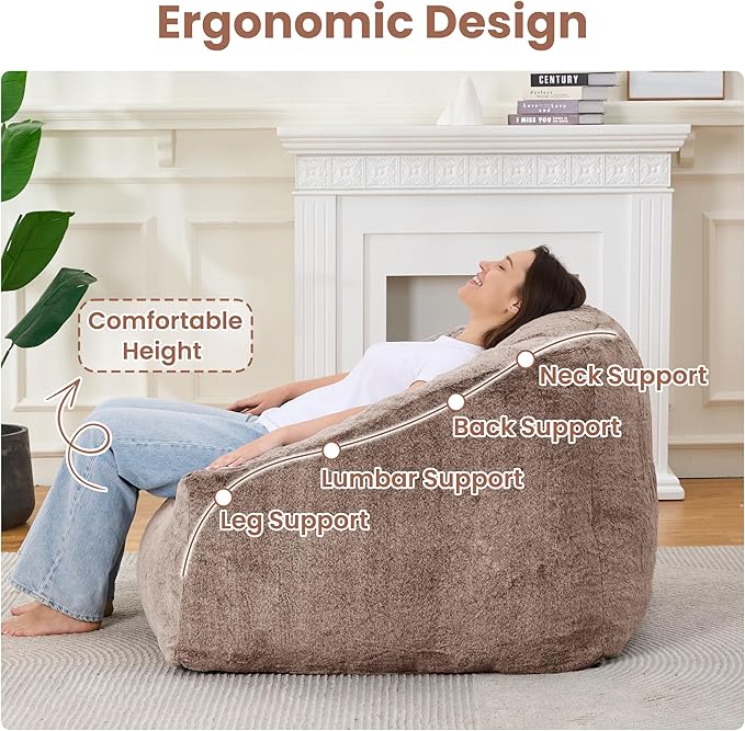 Bean Bag Chairs for Adults, Giant Beanbag Sofa Comfy Reading Chair, Oversized Bean Bag Chairs for Living Room Bedroom, Soft Faux Fur Fabric, 3.2FT, Khaki, Plush