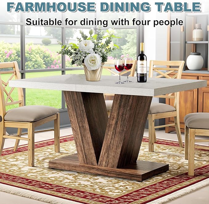 Dining Table for 4-6, 47" Farmhouse Dinner Table with with Wooden Tabletop and Heavy Duty Pedestal Wooden Rectangular Kitchen Tables for Dining Room, Kitchen, Living Room, White & Brown