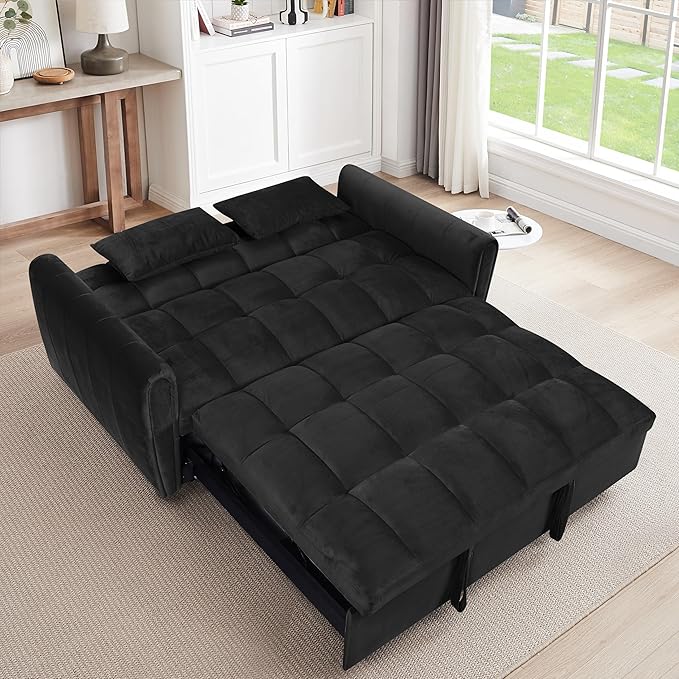 Ball & Cast 65" 3 in 1 Large Sleeper Sofa Bed,Velvet Upholstered Pull Out Couch with Adjustable Backrest&2 Pillows,Convertible Futon Sofa-Bed W/Side Pocket,Loveseat Chaise Lounge for Living Room,Black
