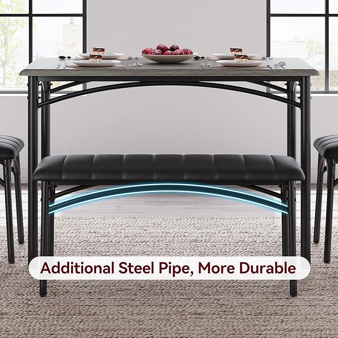 GarveeHome Dining Table Set for 4, Kitchen Table with Upholstered Chairs and Bench, Wood Rectangular Dining Table and Chairs Set for Small Space, Apartment, Dinner, Rustic Gray