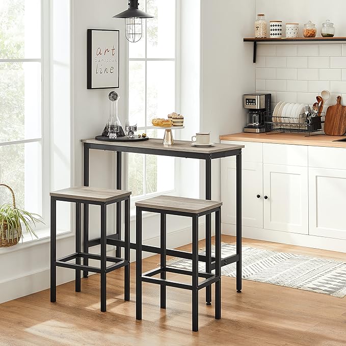 VASAGLE Bar Stools, Set of 2 Bar Chairs, Kitchen Breakfast Bar Stools with Footrest, Industrial in Living Room, Party Room, Greige and Black ULBC065B02