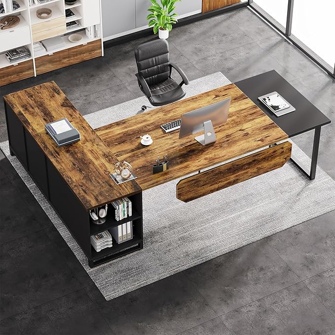 Tribesigns 70.8" Executive Desk with 55" File Cabinet, Modern L Shaped Computer Desk with Storage Shelves and Cabinet, Large L Shaped Executive Desk for Home Office, Rustic Brown & Black