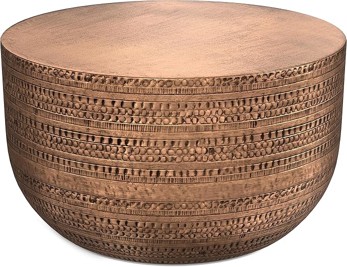 SIMPLIHOME Johnsen 30-inch Wide Metal Drum Coffee Table in Antique Copper, Boho-Style Cocktail Table for Living Room or Family Room, Assembled
