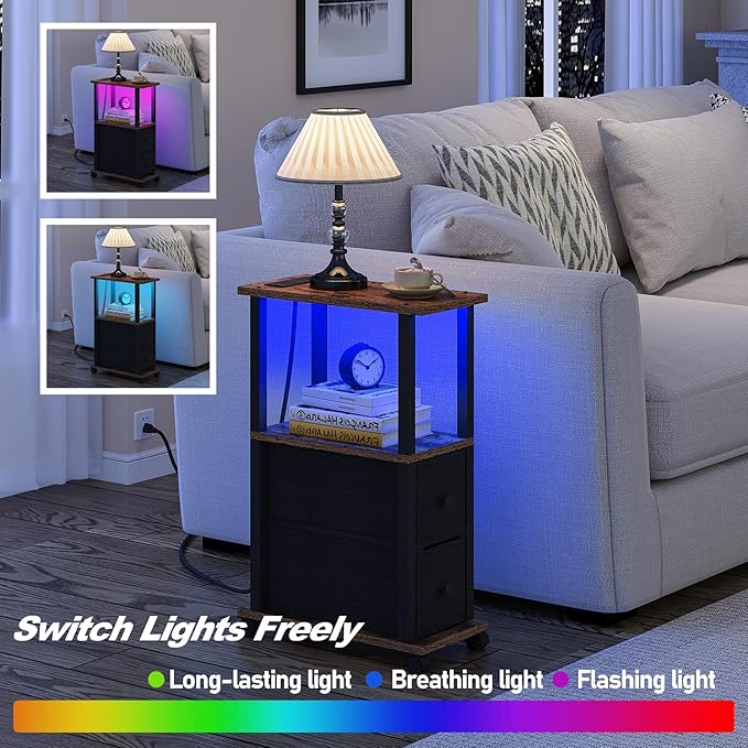 TUTOTAK Small Narrow End Tables, LED Side Tables with 2 Fabric Drawers, Set of 2, Bedside Tables with Charging Station for Small Spaces, Slim Nightstands with USB Ports and Wheels, TB01BB053L