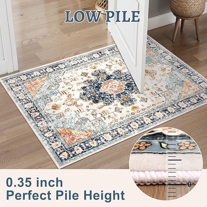 Tangsoo 5x7 Area Rug Washable Rug for Living Room, Vintage Rug Indoor Non Slip Large Area, Print Distressed Blue Carpet, Soft Low Pile Foldable Floor for Bedroom Dining Room Dorm