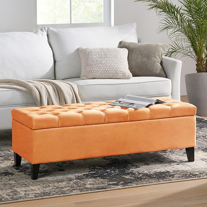 Christopher Knight Home Gloust Velvet Storage Ottoman, Upholstered Rectangular Storage Bench, Living Room Seating, Tufted BottonFoot Rest Stool for Home Office, Entryway and Bedroom, Orange