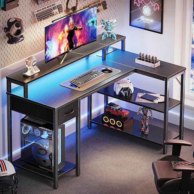 SUPERJARE 47 inch Reversible L Shaped Desk with LED Lights & Power Outlets, Computer Desk with Shelves & Monitor Stand, Gaming Desk with Drawer, Home Office Desk Corner Desk, Carbon Fiber Black