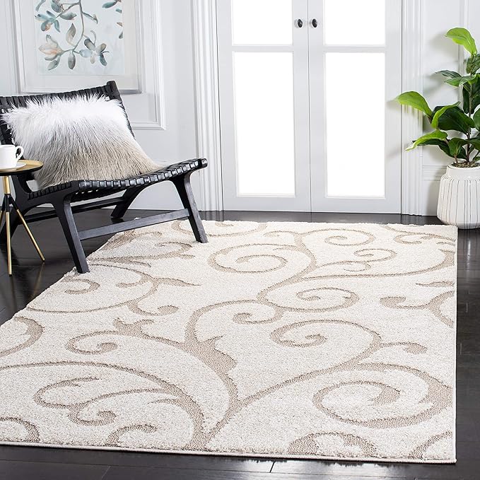 SAFAVIEH Florida Shag Collection Area Rug - 5'3" x 7'6", Ivory & Beige, Scroll Design, Non-Shedding & Easy Care, 1.2-inch Thick Ideal for High Traffic Areas in Living Room, Bedroom (SG455-13LT)
