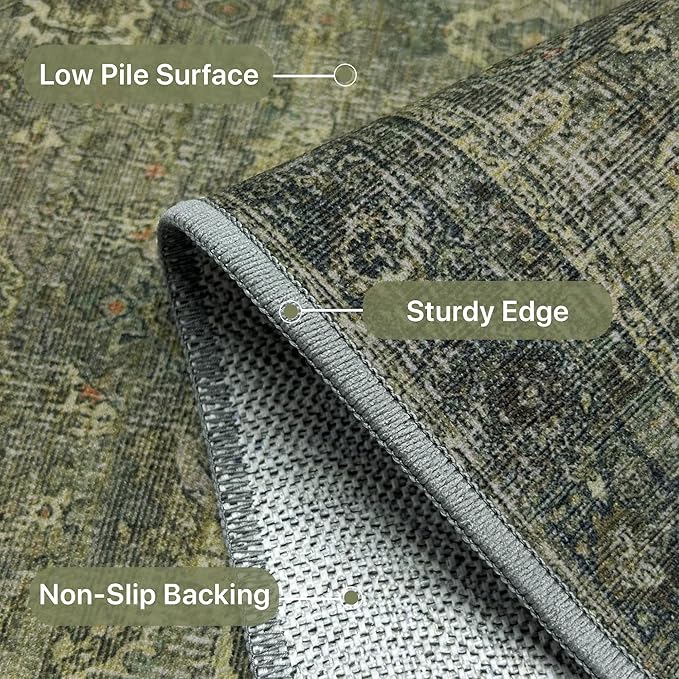 8X10 Area Rugs Machine Washable Rugs for Living Room, Vintage Boho Large Rugs for Bedroom Dining Room, Non Slip Indoor Soft Distressed Lightweight Thin Low Pile Carpet, Vivid Green