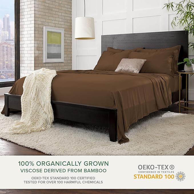 Full Sheets by Pure Bamboo, Genuine 100% Organic Viscose Derived from Bamboo Bed Sheet Set, Luxuriously Soft & Cooling, Double Stitching, Lifetime Quality Promise (Full, Coconut Husk)