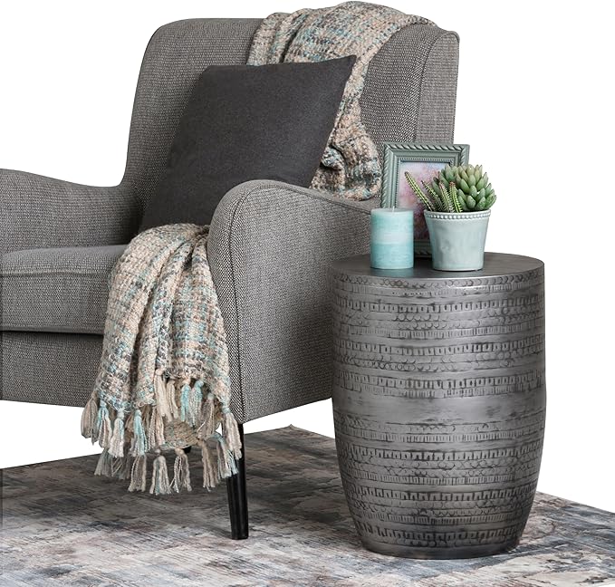 SIMPLIHOME Johnsen Metal Table - 15 inch Wide Solid Iron Drum Accent Table in Antique Silver with Tribal Pattern, Round Boho End Table for Living Room, Bedroom, or Home Office, Fully Assembled