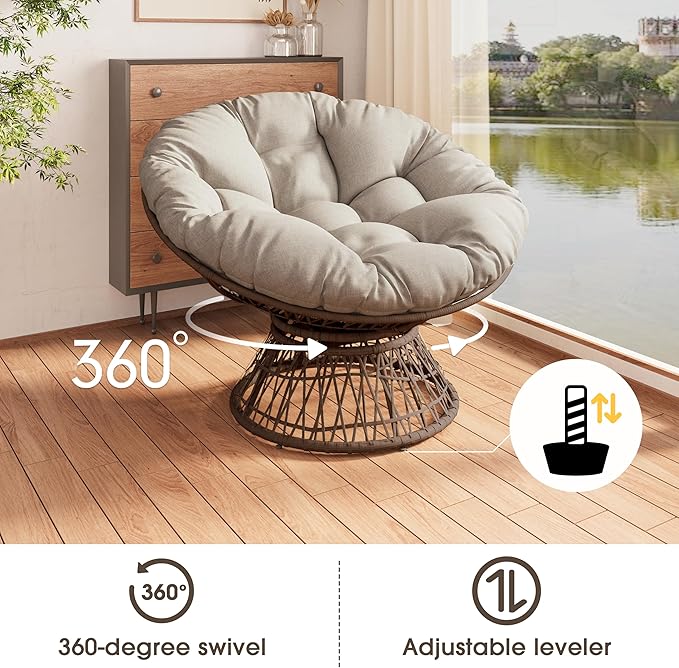 Ball & Cast Ergonomic Wicker Chair with Cloud Thick Density Fabric Cushion,Accent Chair W/ 360 Degree Swivel,Sturdy Metal Frame,Height Adjustable,for Reading,Living Room Bedroom,Lounge,Brown+Beige