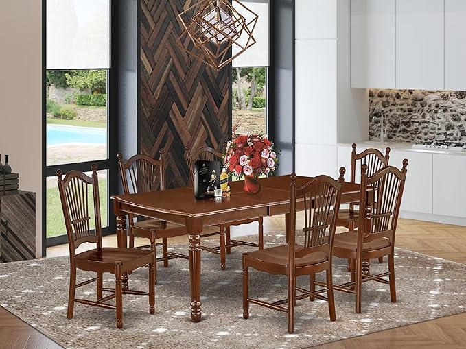 East West Furniture DODO7-MAH-W 7 Piece Modern Dining Table Set Consist of a Rectangle Wooden Table with Butterfly Leaf and 6 Dining Room Chairs, 42x78 Inch, Mahogany