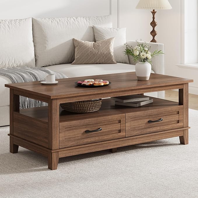 GarveeHome Farmhouse Coffee Table with Drawers, 47.2" Center Table Rustic Coffee Tables Walnut Center Table with Open Shelf, 6 Support Legs
