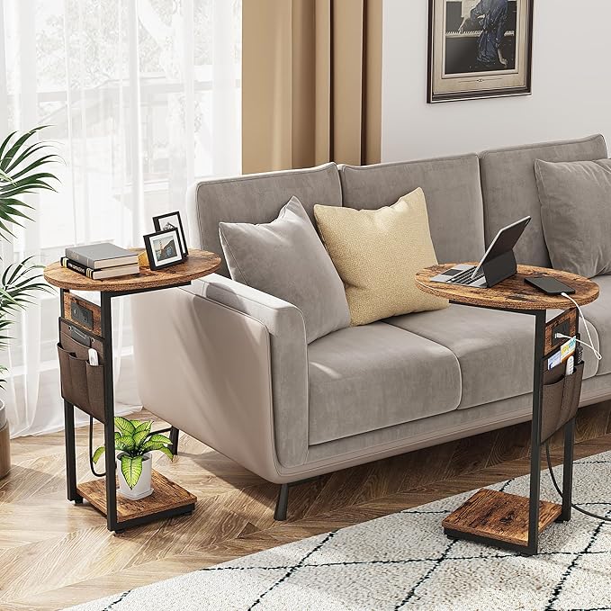 Vagusicc C Shaped End Table with Charging Station, Small Side Table for Couch, TV Tray Table Slide Under Sofa Table for Living Room Bedroom, Round Couch Side Table C Table for Sofa, Rustic Brown