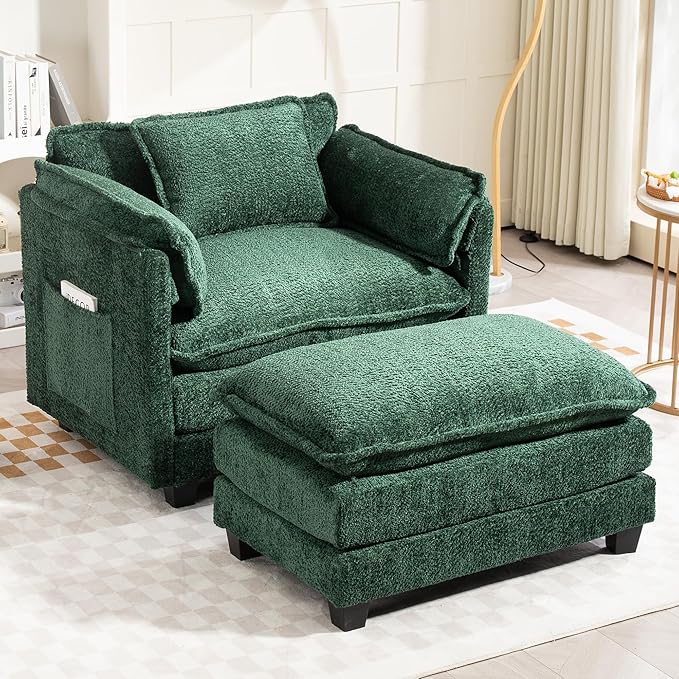 Furniliving Oversized Accent Chairs with Ottoman, Luxury Boucle Single Sofa, Upholstered Deep Seat Chaise Lounge with Pillows for Living Room, Bedroom, Apartment, Green