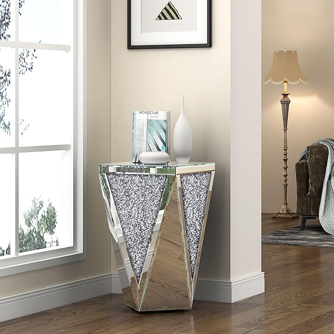 ENENE 19.7" Mirrored End Table Crystal Diamond Setting Coffee Table Silver Glass Side Table Pedestal Stand for Hallway, Living Room, Corner, Bedroom, Sofa