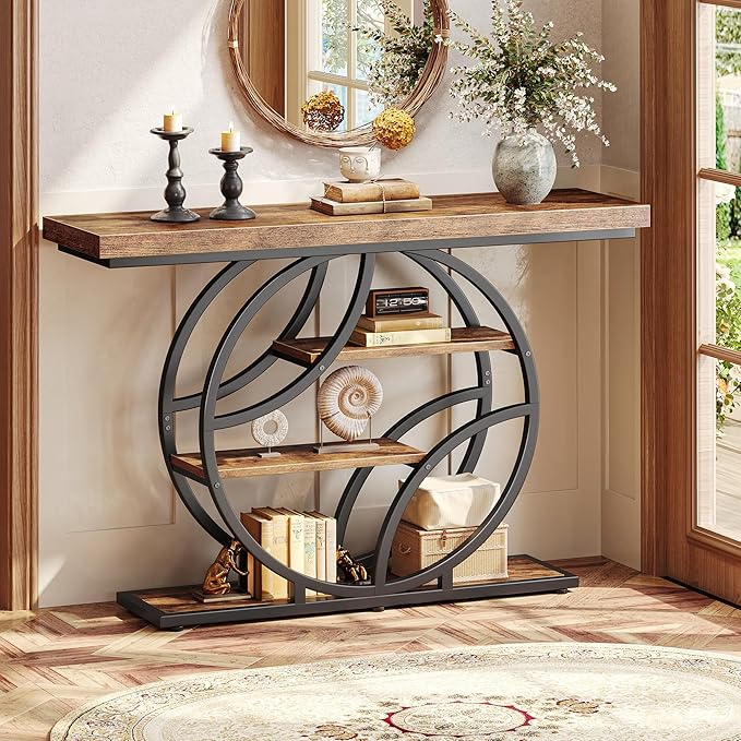 Huuger 47.2 Inch Entryway Table, Industrial Console Sofa Table with Storage, Accent Table with Shelves, for Entry, Hallway, Entrance, Foyer, O-Shaped Metal Frame, Rusitc Brown