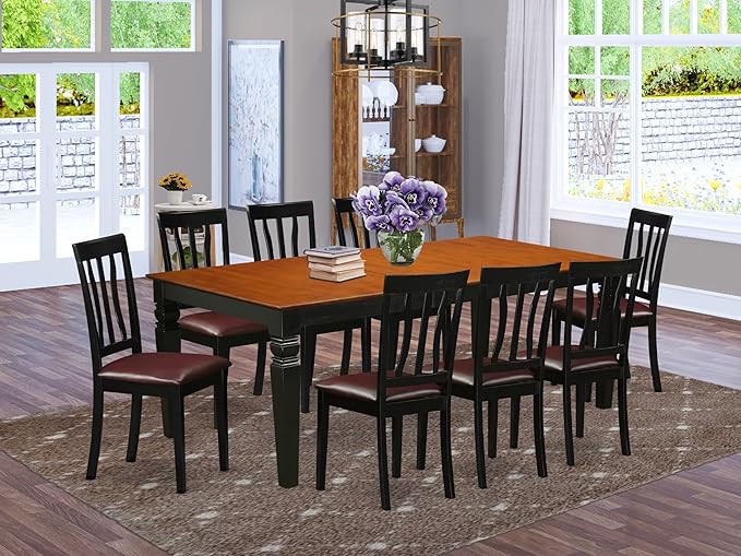 East West Furniture LGAN9-BCH-LC 9 Piece Kitchen Table & Chairs Set Includes a Rectangle Dining Room Table with Butterfly Leaf and 8 Faux Leather Upholstered Chairs, 42x84 Inch, Black & Cherry