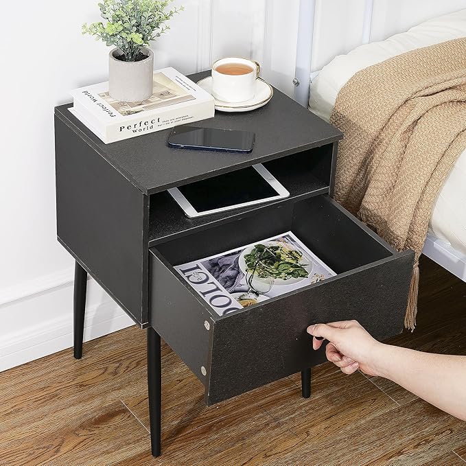 VECELO 2-Tier Nightstands Bedside Table with Storage Drawer and Open Wood Shelf, End Table for Living Room, Bedroom and Small Spaces, Night Stand with Metal Legs, Easy Assembly