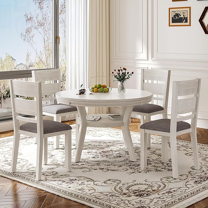 5-Piece Solid Wood Dining Table Set for 4, Round Kitchen Table Set with 4 Upholstered Chairs, Farmhouse Dining Sets for Kitchen, Dining Room, Rustic Grey
