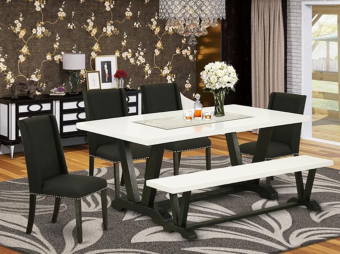 East West Furniture V627FL624-6 6 Piece Dining Room Table Set Contains a Rectangle Kitchen Table with V-Legs and 4 Black Linen Fabric Parson Chairs with a Bench, 40x72 Inch, Multi-Color