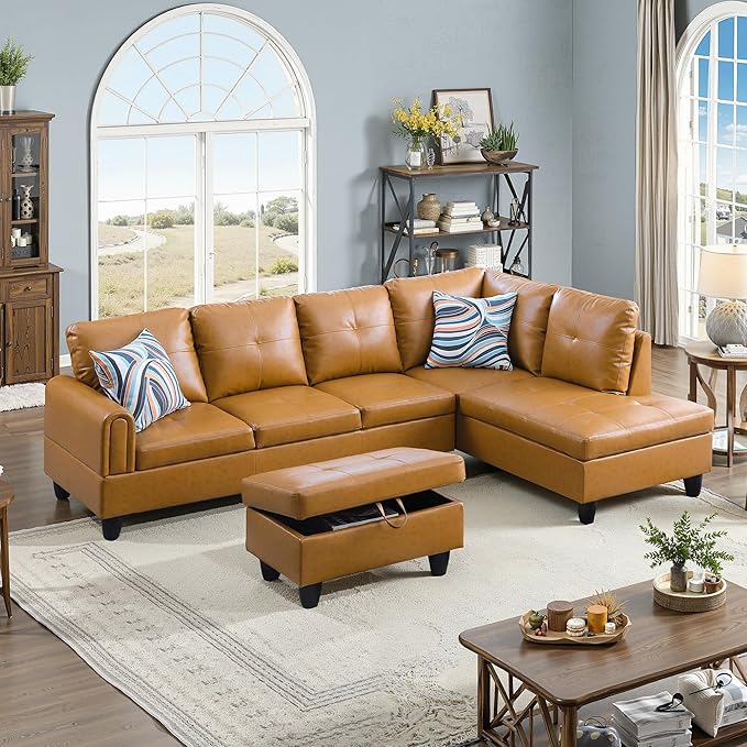 NicBex Sectional Couch 3 Pieces Sofa Set with Left Chaise Faux Leather L Shaped Cloud Couch for Living Room Furniture Sets with Storage Ottoman, Modular Sofa for Living Room & Apartment, Ginger Yellow