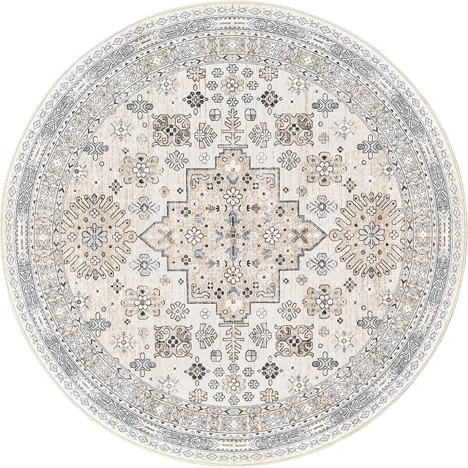 zesthome 9ft Round Rugs for Living Room, Non-Slip Washable Round Area Rugs, Ultra-Thin Large Circle Rugs, Soft Low Pile Rug for Bedroom, Kitchen - Vintage Stain Resistant Round Rug (Beige,9'x9')