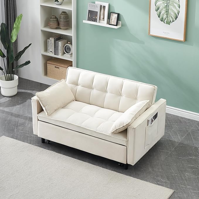 Ball & Cast Convertible Sofa Bed,Loveseat Sleeper Sofa W/Pull-Out Bed&2 Pillows,Convertible Pull Out Couch W/Adjustable Backrest&Side Pocket,Velvet Futon Couches for Living Room,Apartment,Beige,55"