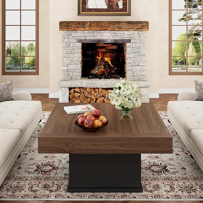 LED Coffee Tables for Living Room, Farmhouse Wood Coffee Table, 33.5" Square Coffee Table with Storage, Large Vintage Brown Center Table, Living Room Tables Cocktail Table (Vintage Brown)