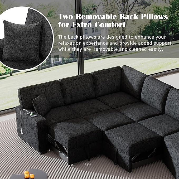 126" Extra Large Pull-Out Sofa Bed with Drop-Down Cup Holder Tables,L-Shaped Sectional Couch W/Charging Device,Convenient Sleeper Furniture Set for LivingRoom Apartment,Beige Chenille