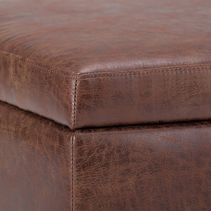SIMPLIHOME Owen 34 inch Wide Mid Century Modern Rectangle Coffee Table Storage Ottoman in Distressed Saddle Brown Vegan Faux Leather, Assembled, For the Living Room, Entryway and Family Room