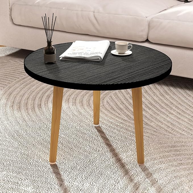 Round Coffee Table Low Table with 3 Solid Wood Sturdy Legs, Floor Table Desk for Sitting on The Floor, Storage and Living Room Furniture (Black)
