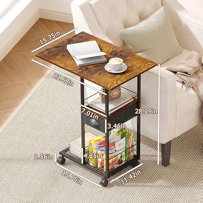 Rolling C-Shaped Side Table with Wheels and Oversized Wood Top, Mobile Overbed Stand with Drawer for Bed or Sofa, Metal Frame Couch Companion for Living Room, Bedroom, or Home Office (Large Desktop)