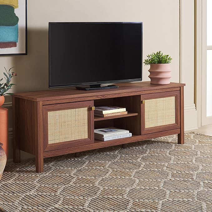 SAFAVIEH Evane TV Stand for up to 65" Flatscreen – Walnut & Natural, 2 Doors with Interior Storage, 2 Open Shelves, Entertainment Media Console (MED9629A)