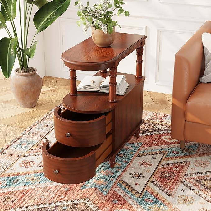 Wood End Table with 2 Drawers and Storage Shelf, Narrow Sofa Side Table for Living Room, Vintage Slim Nightstand Bedside Table for Bedroom, Slim Chair Side Table Cherry Brown BG-A508-MG