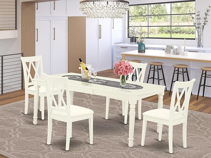 East West Furniture DOCL5-LWH-C 5 Piece Dinette Set for 4 Includes a Rectangle Dining Table with Butterfly Leaf and 4 Linen Fabric Dining Room Chairs, 42x78 Inch, Linen White