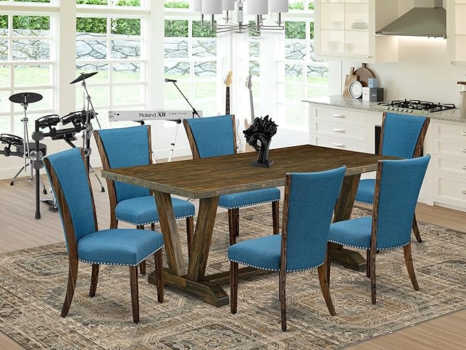 East West Furniture V777VE721-7 7 Piece Dining Room Table Set Consist of a Rectangle Dining Table with V-Legs and 6 Blue Color Linen Fabric Upholstered Chairs, 40x72 Inch, Multi-Color
