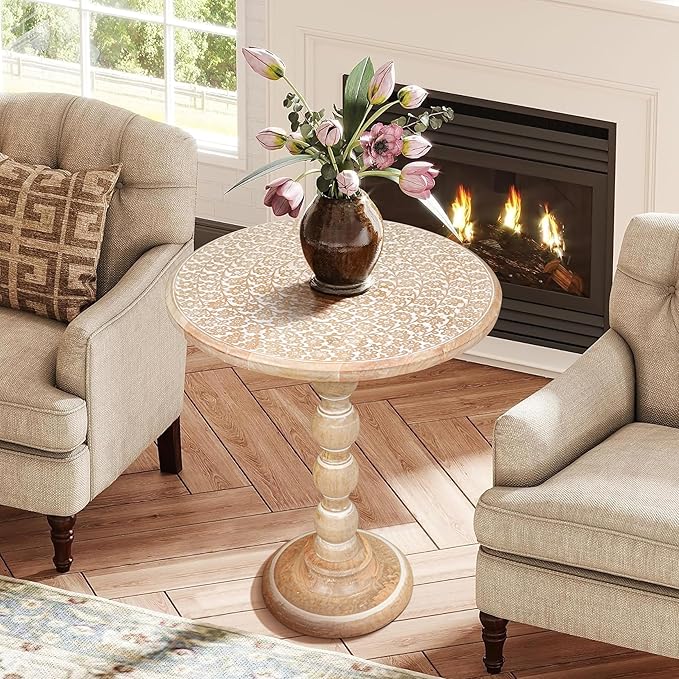 End Tables for Living Room– SideTables for Small Spaces, Modern Accent Nightstand with Hand-Carved Top & Solid Wood Tables for Living Room, Bedroom, Office – Scorch Burnt Finish_18x22 White wash