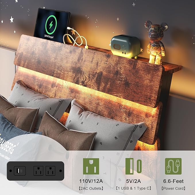 Feonase Twin Floating Bed Frame with Led Lights and Charging Station, Wood Twin Size Bed Frame with Storage Headboard, Heavy Duty Metal Slats, No Box Spring Needed, Easy Assembly, Vintage Brown