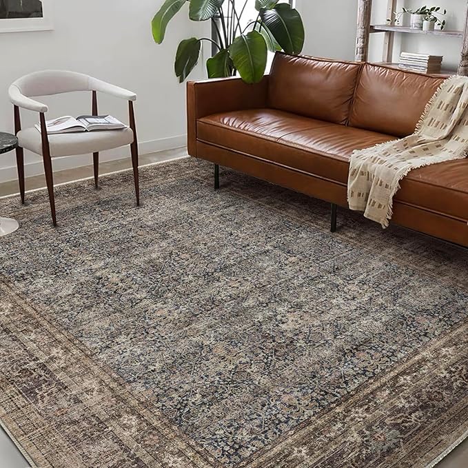 Area Rug 6'x9' Washable Vintage Traditional Floor Cover Thin Retro Kitchen Indoor Distressed Non Slip Carpet for Living Room Bedroom Dining Room