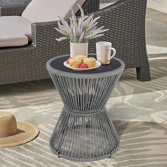 LEWIS&WAYNE Small Outdoor Side Table Patio 20’’ H Woven Rope Hourglass End Table with Glass Top Round Coffee Table for Living Room Outdoor Patio Backyard Poolside (Gray)