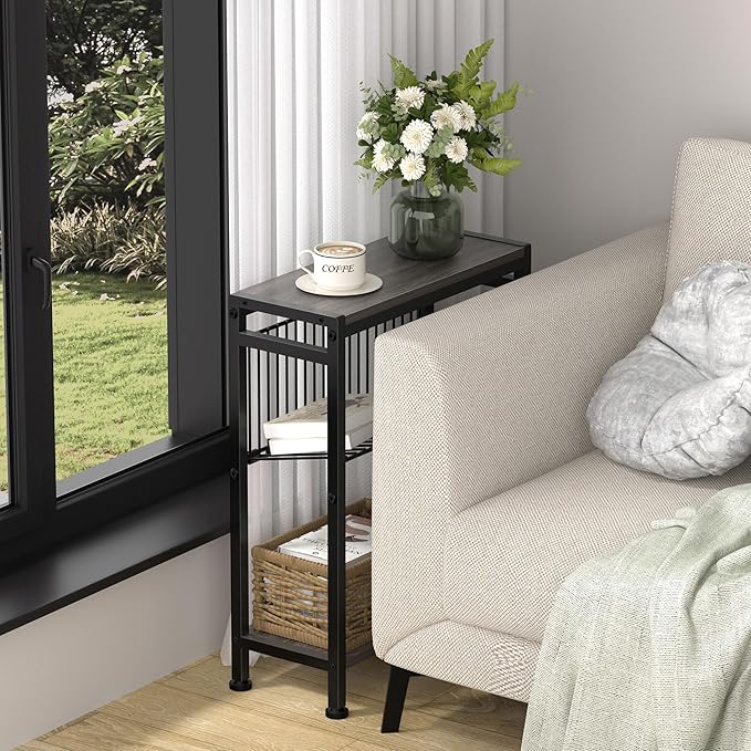 End Table for Small Space, 3-Tier Narrow Side Table with Magazine Holder,Slim Nightstand, Skinny Snack Couch Table in Living Room, Bedroom Study and Balcony (Grey)