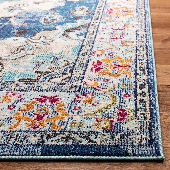 SAFAVIEH Monaco Collection Area Rug - 8' Square, Navy & Light Blue, Boho Chic Medallion Distressed Design, Non-Shedding & Easy Care, Ideal for High Traffic Areas in Living Room, Bedroom (MNC243N)